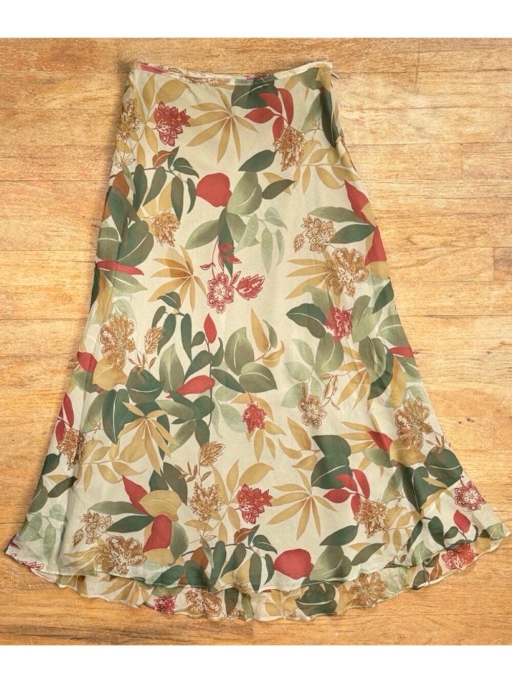 Vintage Floral Silk Maxi Skirt Size Small 6P 26" Waist 90s Botanical Leaf Print